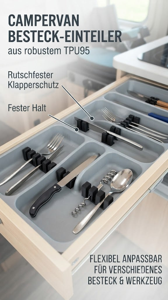 Campervan Besteck-Einteiler aus TPU95 – rutschfester Klapperschutz für Besteck in der Van-Schublade