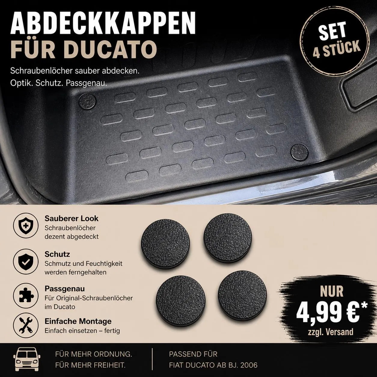Abdeckkappen 4 Stück für Schraubenlöcher vom Ducato, Jumper, Boxer, Movano Einstiegsstufe | Fiat Ducato Einstieg Schrauben Abdeckkappen