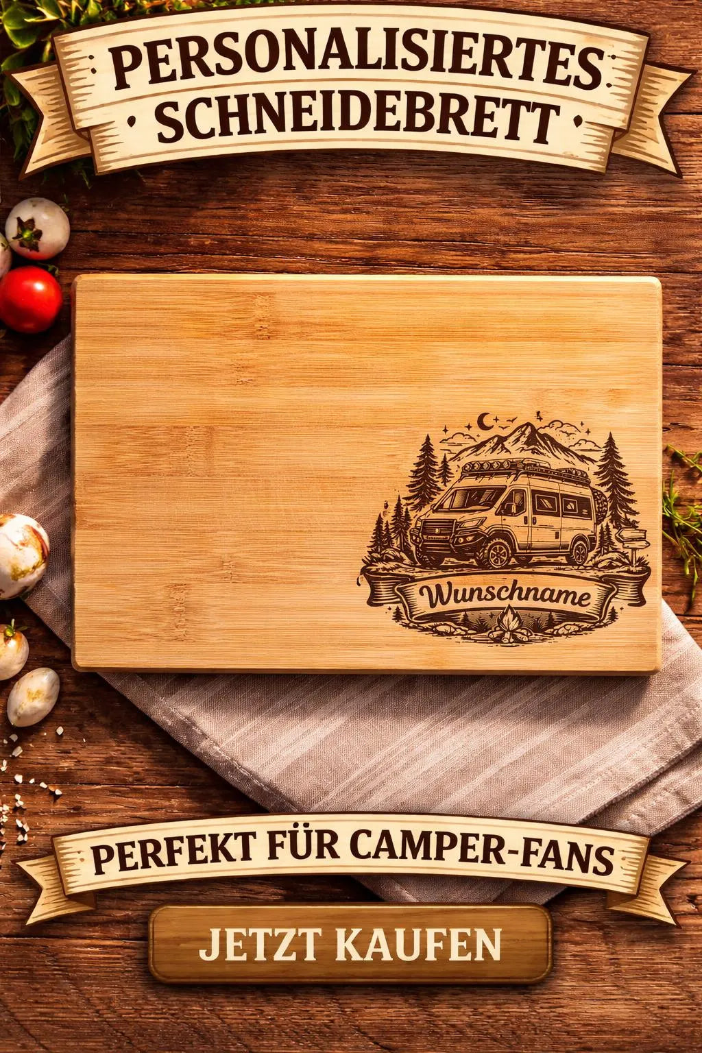 Personalisiertes Frühstücksbrett | Holz Schneidebrett | Camper & Outdoor Geschenk | individuell graviert